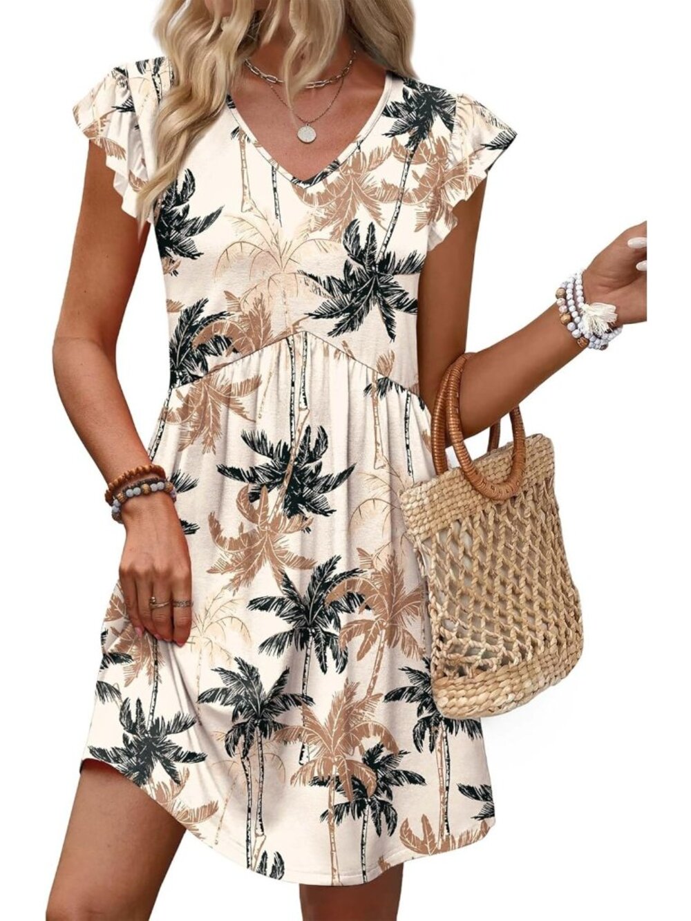Women Floral Coconut Palm Ruffle Sleeve Baby Doll V Neck Imported Causal Dress